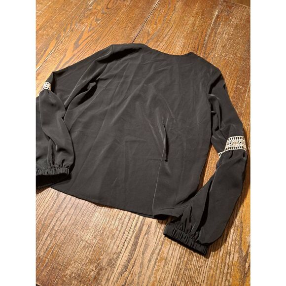 SHEIN Women's Small Deep V-Neck Lace Long Sleeve Blouse Black Floral Pullover - Picture 5 of 5